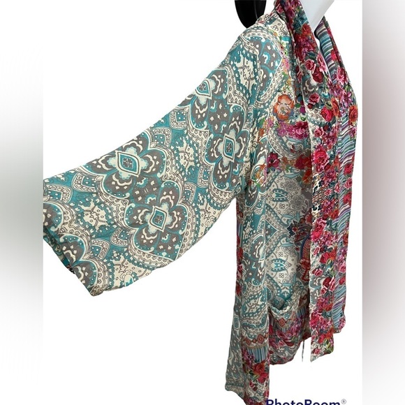 Johnny Was Brock pink blue red floral print tie front kimono duster top medium - Picture 6 of 13